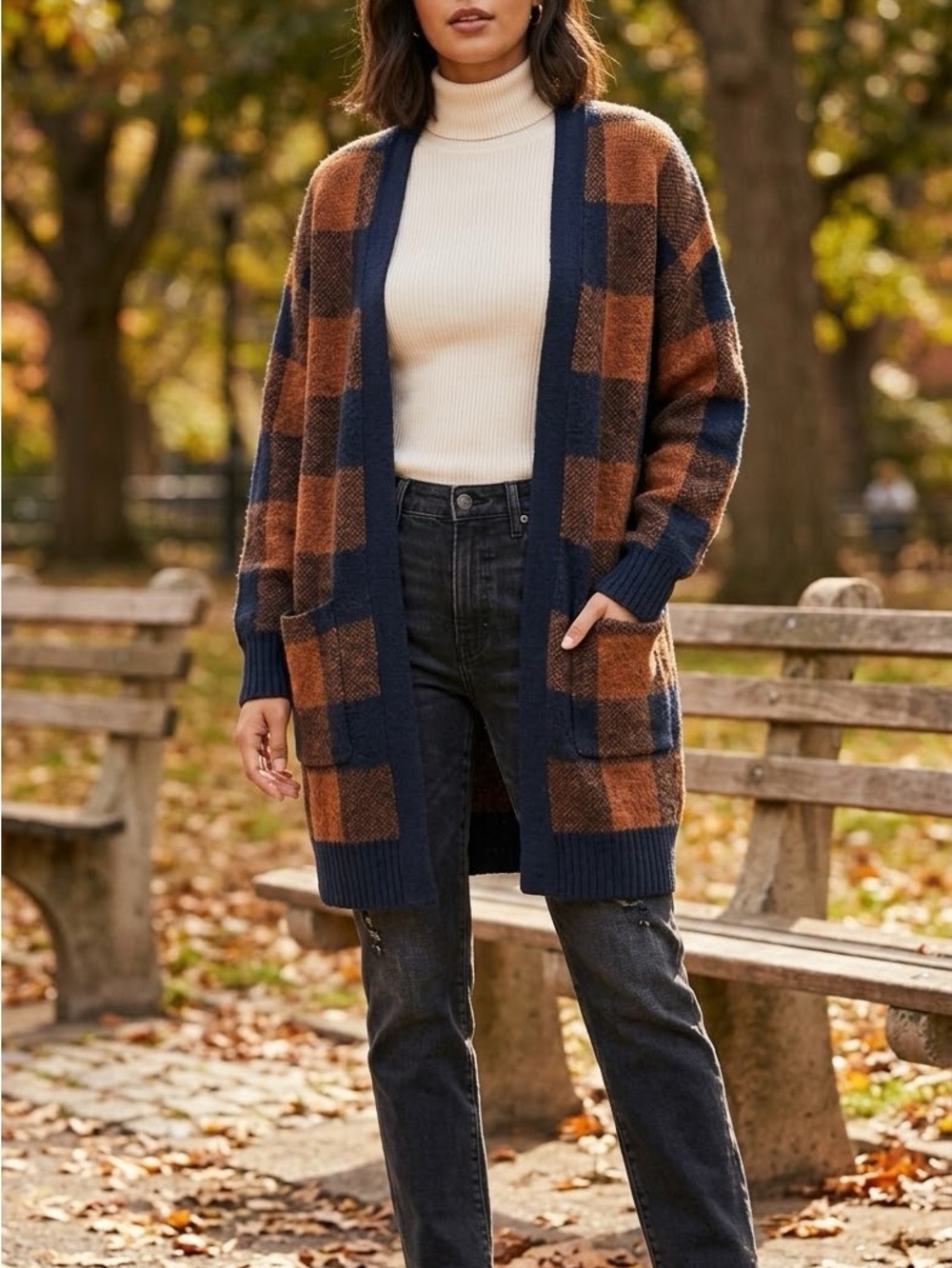 American Eagle Outfitters Navy & Brown Plaid Open-Front Cardigan